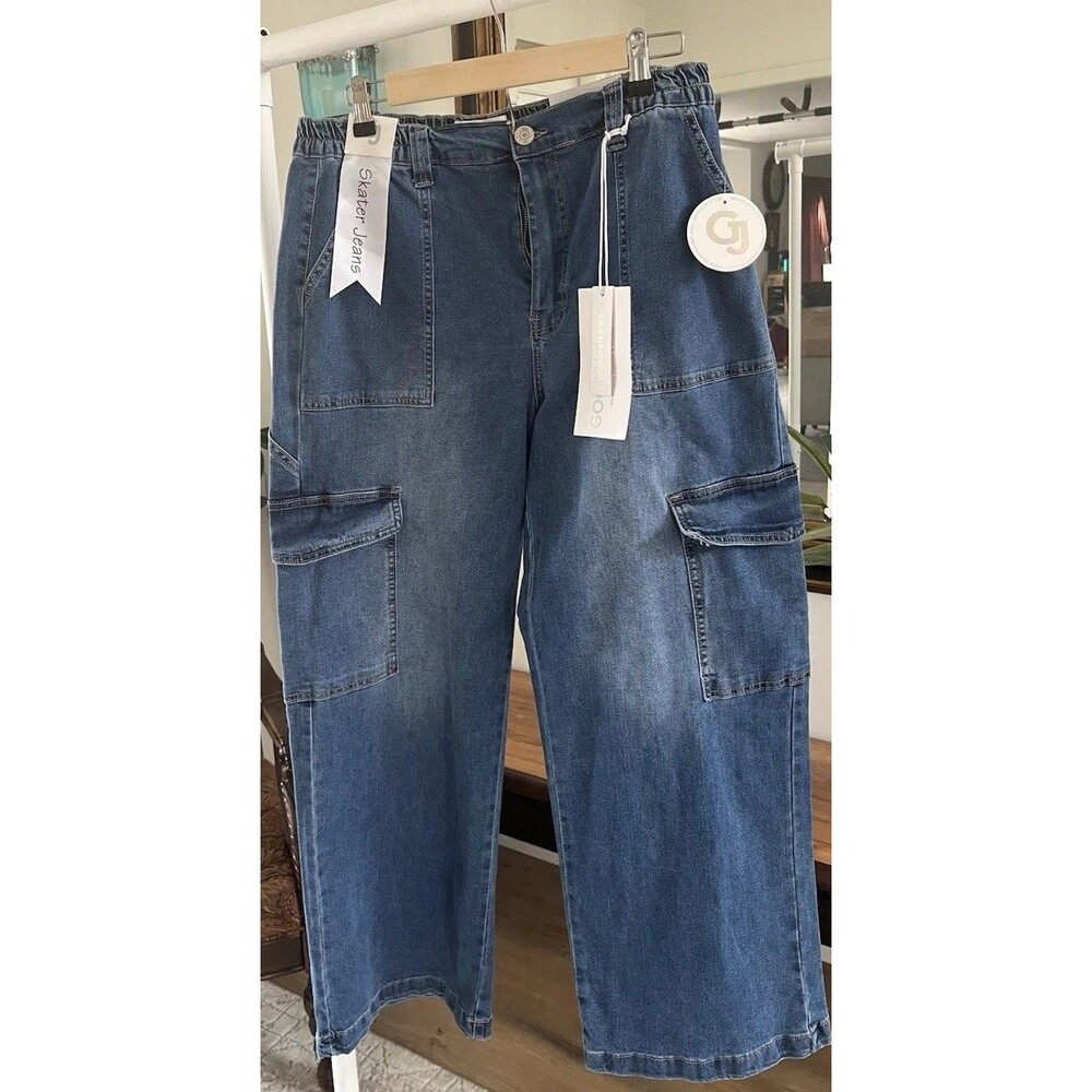 GOGO Women’s Denim Jeans XL Blue High Rise Cargo Wide Leg Skater Y2K Baggy NWT